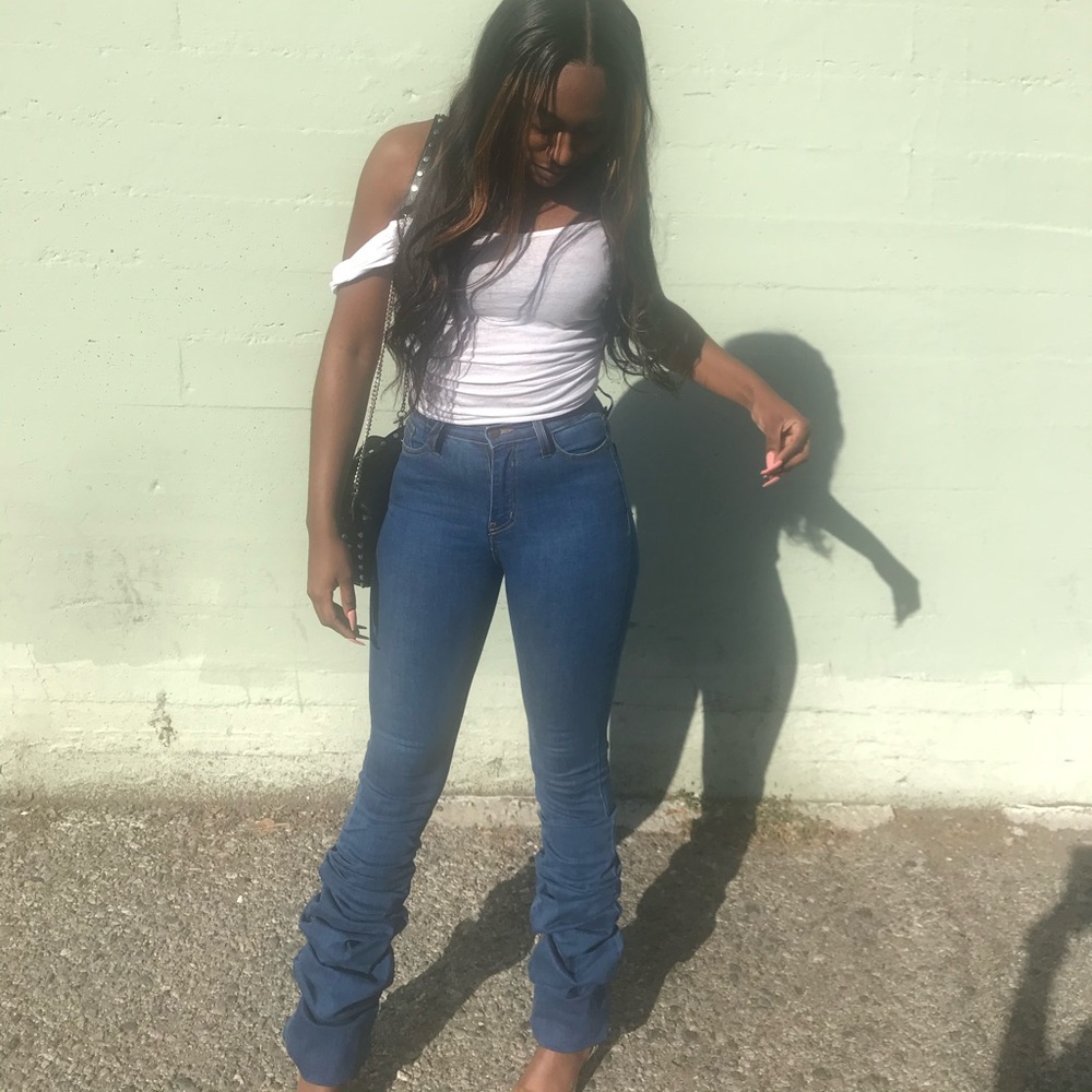 Vibrant blue jeans with scrunched bottoms